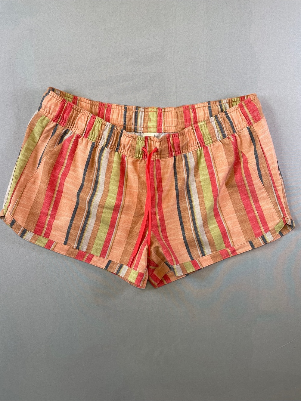 Prana Mariya Papaya Soleil Coral Lime Multi-Stripe Elastic Waist Athletic Shorts
